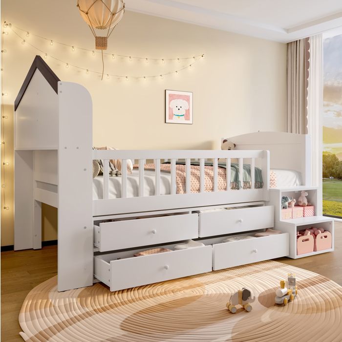 Lit Mi-Hauteur Enfant Forme Maison avec LED 4 Tiroirs et Echelle de Rangement - ELVMI - en Pin MDF Blanc 90 × 200 cm