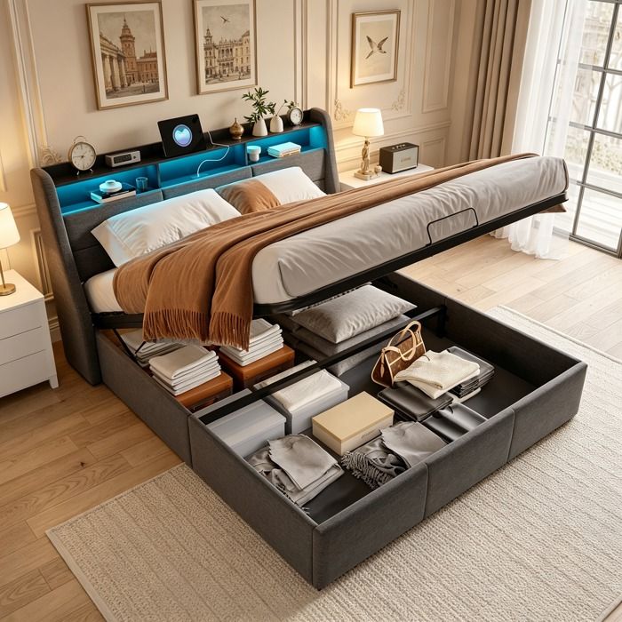 Lit coffre 140x190cm avec LED Tête de lit avec USB et rangement lit double adulte avec sommier à lattes cadre de lit Lin Gris