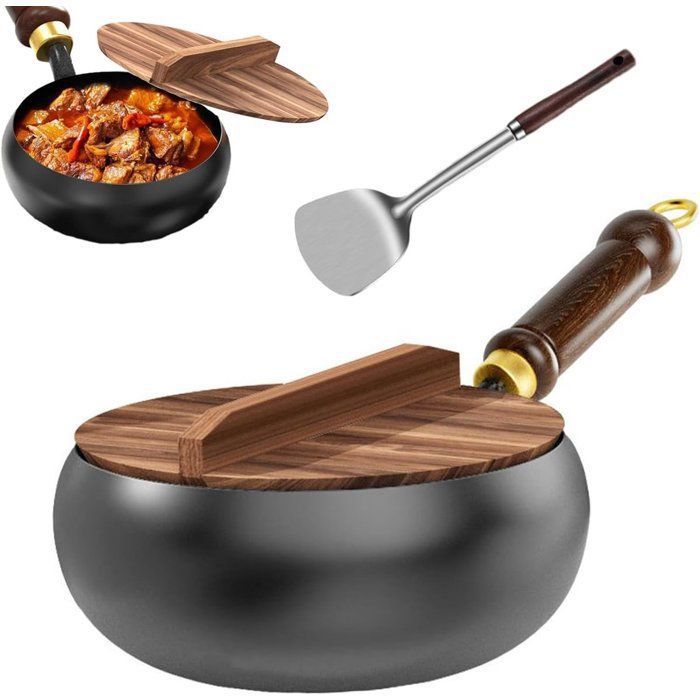 Poêle Japonaise 24cm à Couvercle Bois Forgée Main Naturelle Induction Noir Femeo