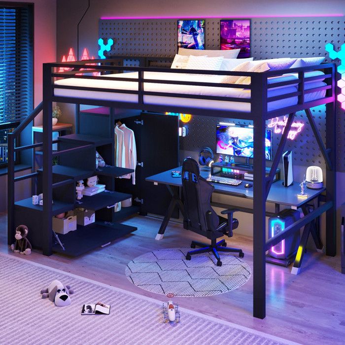 Lit mezzanine enfant 140x200cm Lit double rangement et penderie lit 2 places éclairage LED et sommier à lattes métal Noir