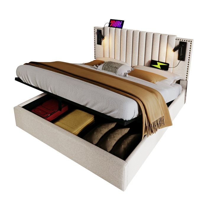 Lit 140x200 avec sommier grand espace de rangement tête de lit beige avec liseuse USB matelas fourni
