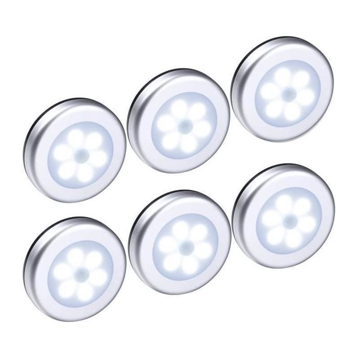 6pcs Lampe Détecteur de Mouvement Veilleuse LED sans fil Lampe de Placard pour escalier placard couloir Argent - Lumière blan