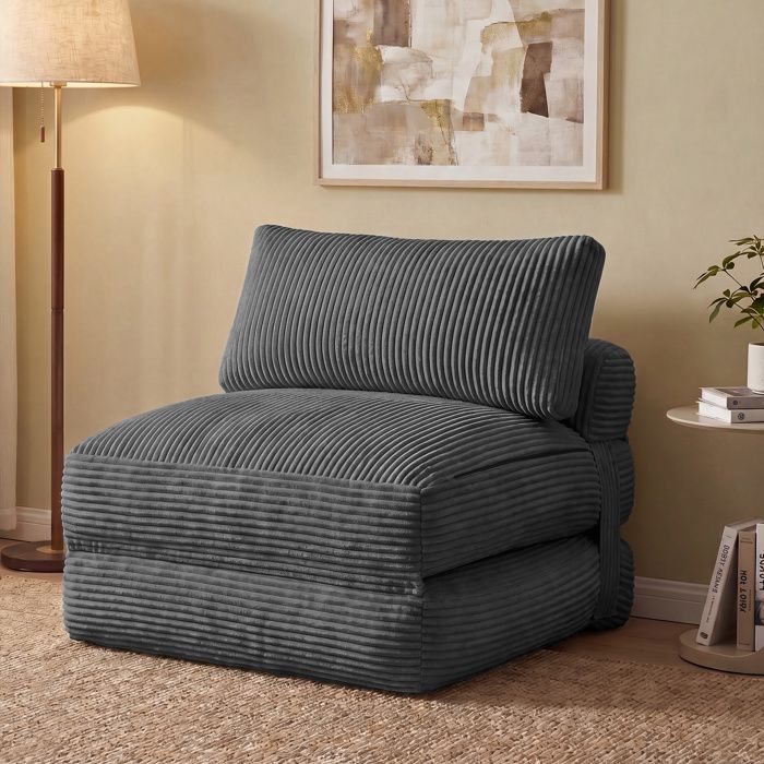 Chauffeuse Convertible en Velours Côtelé Fauteuil-Lit Pliable 1 Place 89 x 89 x 78 cm Gris Chauffeuse Convertible en Velours Côtelé Fauteuil-Lit Pliable 1 Place 89 x 89 x 78 cm Gris