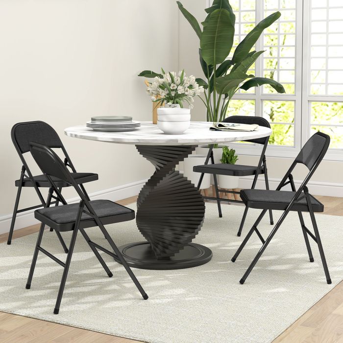Chaises pliantes 4 pièces métal structure en acier revêtement effet lin noir pour bureau salle dattente réception