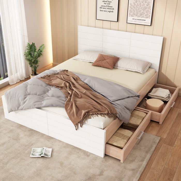MEULVA Lit double 180 x 200 cm avec sommier à lattes 2 tiroirs bois massif et MDF blanc et chêne clair
