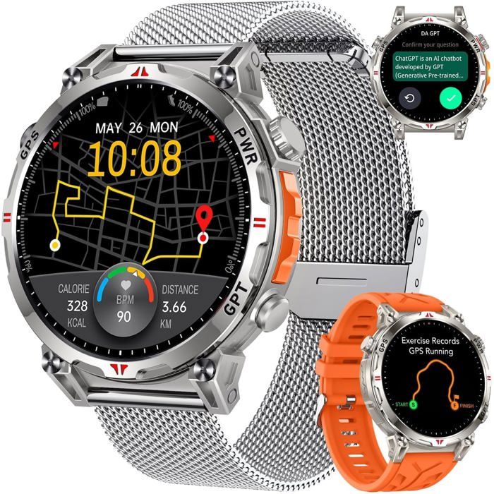 Montre Connectée Homme Gps Smartwatch-Boussole Assistant Gpt Ai Baromètre Altimètre Appel Bluetooth Cadran Ai 650Mah Batterie 3Atm