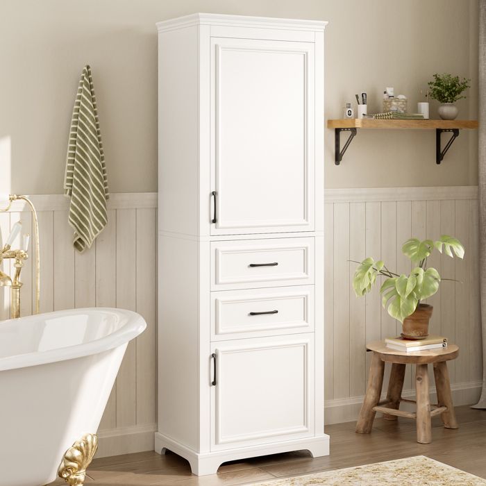 Colonne de salle de bain MDF blanche 60 x 40 x 180 cm avec 2 tiroirs 2 placards étagère réglable