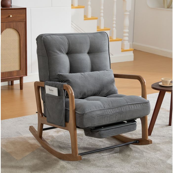 Fauteuil à bascule gris en velours côtelé avec repose-pieds escamotable dossier réglable 3 positions