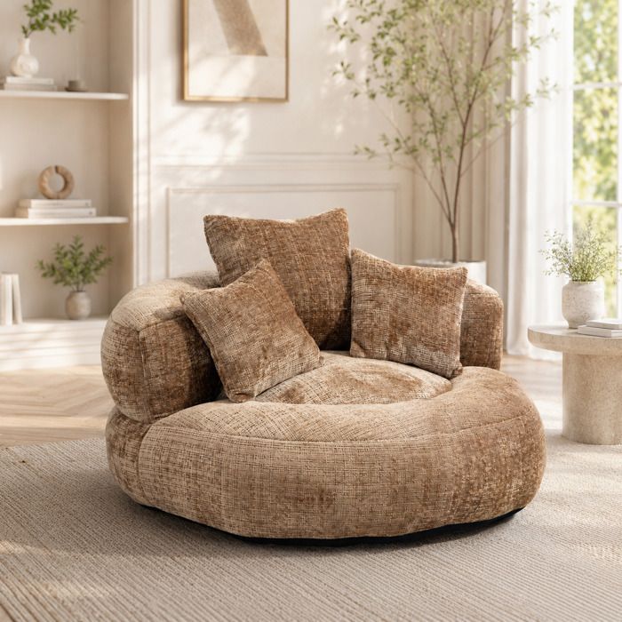 Pouf Poire 108×108×52 cm avec Trois Coussins — Convient Canapé Lazy pour Salon et Chambre Chenille Marron