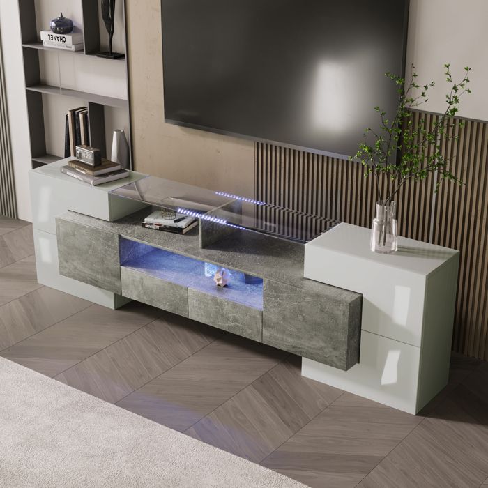 Meuble TV 200cm blanc brillant avec finition bois LED multicolore 6 portes 2 tiroirs 3 niches surface effet verredesign modern