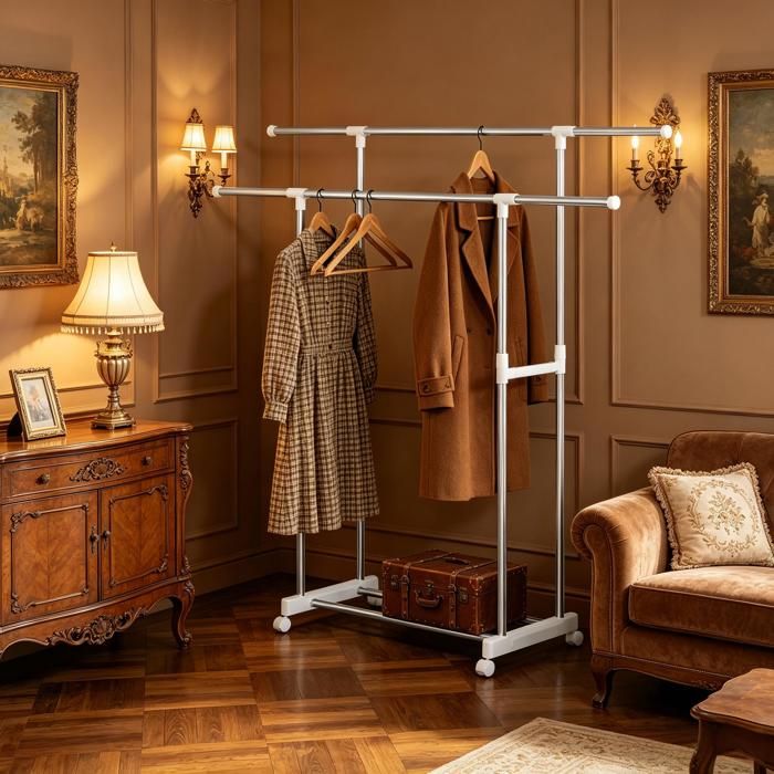 Porte-manteau sur pied - Extensible 755–1515 cm - Hauteur 94–1525 cm - Inox/Plastique - Roulettes 360°