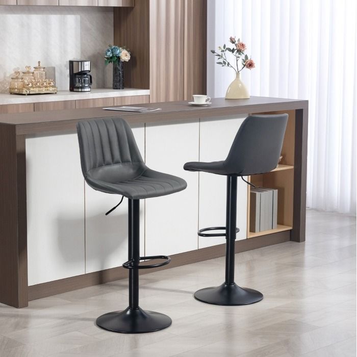 Lot de 2 tabourets de bar vintage gris fonce en simili cuir reglables 59-79 cm pivotants 360° metal noir mat