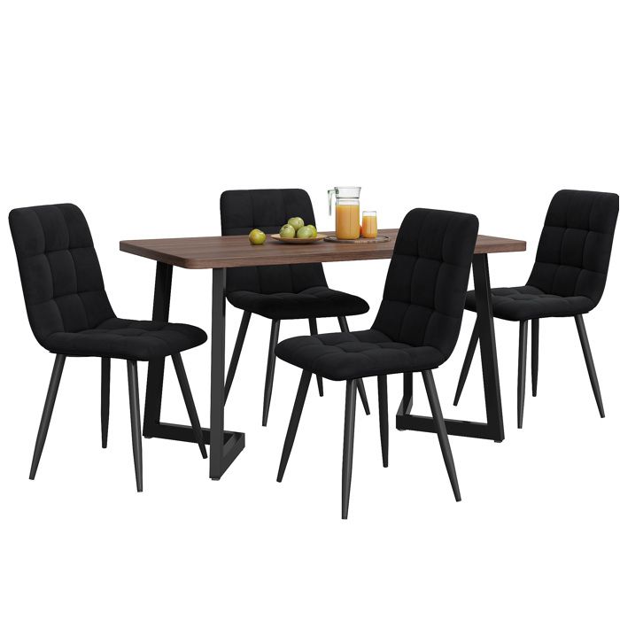 ELVORIN Ensemble repas 5 pièces table 117 x 68 x 75 cm 4 chaises 44 x 41 x 86 cm MDF couleur noyer métal noir velours noir