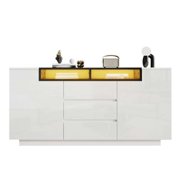 Buffet de salon - Blanc et noir - 140 x 40 x 68 cm - 2 portes 3 tiroirs LED
