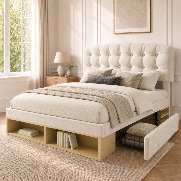 Lit coffre 140x190 beige avec tiroirs et étagères de rangement tête de lit capitonnée réglable
