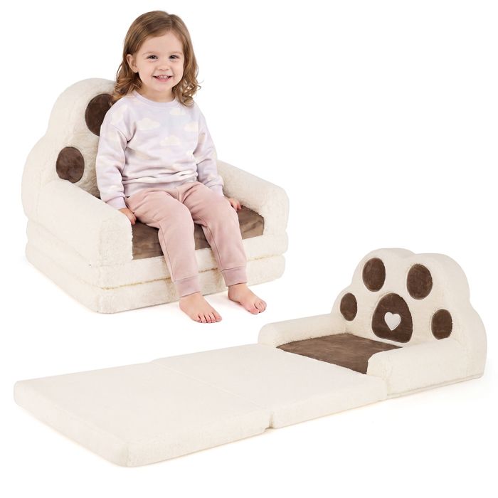 2-en-1 Canapé Enfant-COSTWAY-Canapé-Lit Convertible Fauteuil Bébé Pliable Housse Lavable pour Chambre à Coucher Salon Marron