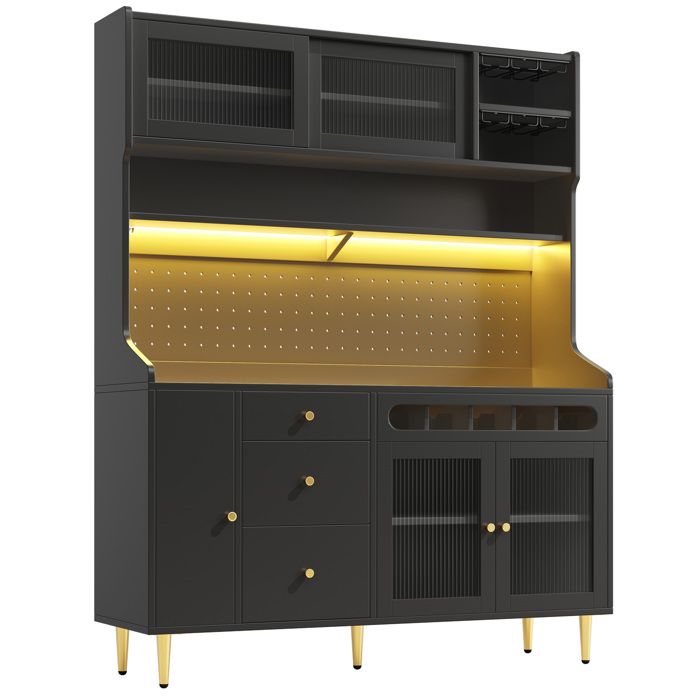Meuble colonne pour salon cuisine et salle à manger étagères réglables LED tiroir porte-bouteilles noir 145×39×171 cm