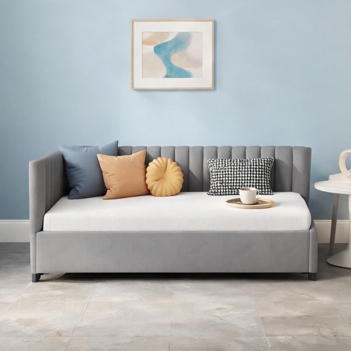 Méridienne-lit 90x200 cm en tissu velours gris neutre avec sommier lattes intégré tête réversible
