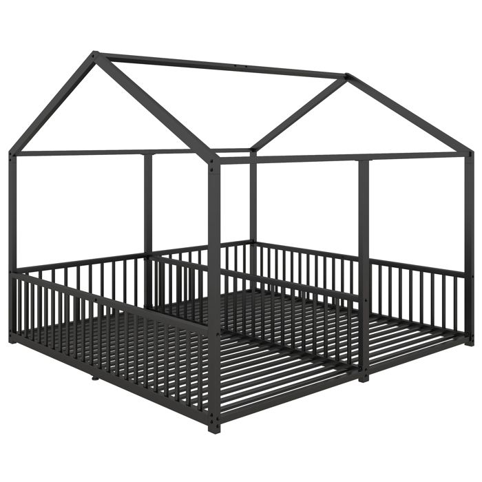 Lit enfant double 2 couchages 90 x 200 cm en métal noir forme maison avec barrières