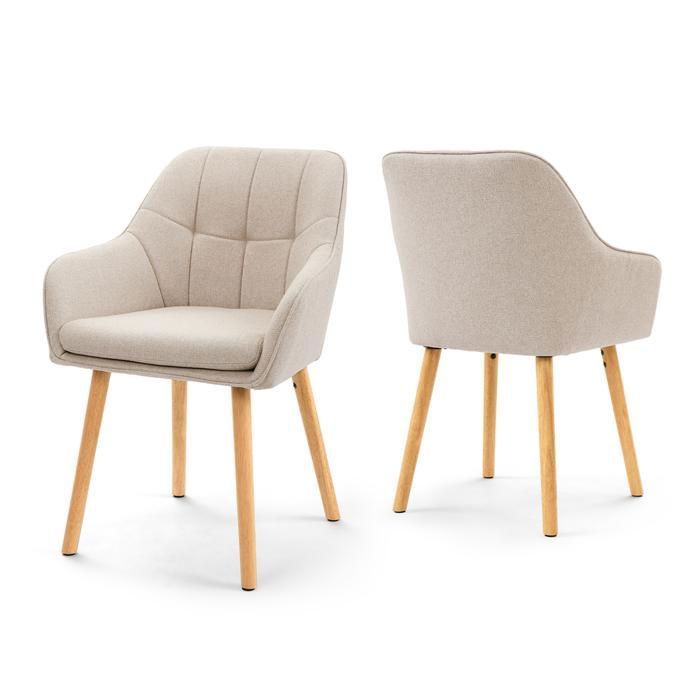 GOEURVANT Lot de 2 Chaises de Salle à Manger Tissu Texturé Beige Chaise Capitonnée Ergonomique avec Accoudoirs Pieds Bois Salon