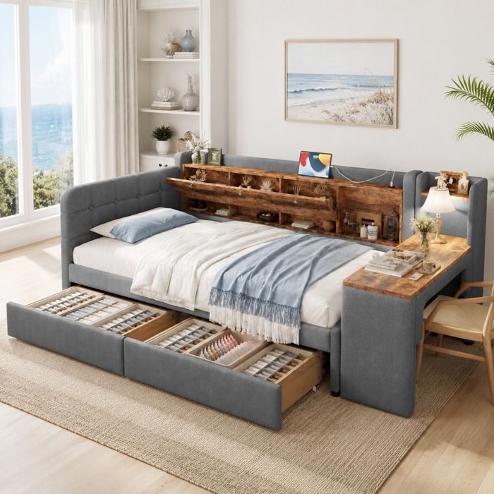 Lit combiné 1 place 90×200 cm - ZEVKOR - 90×200 - Bureau latéral - 2 tiroirs & coffre relevable - Ports USB/Type‑C