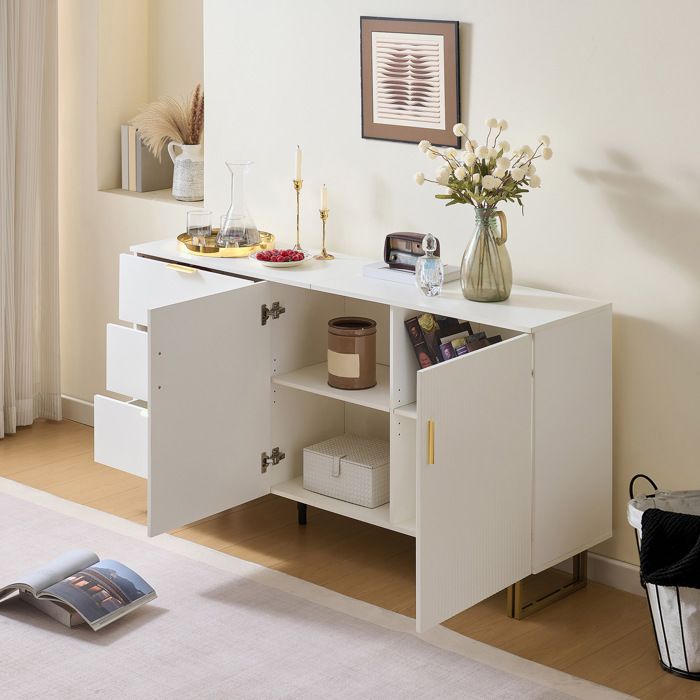 Buffet bas moderne AESVAR 160 x 40 x 81 5 cm 2 portes et 3 tiroirs MDF blanc poignées dorées