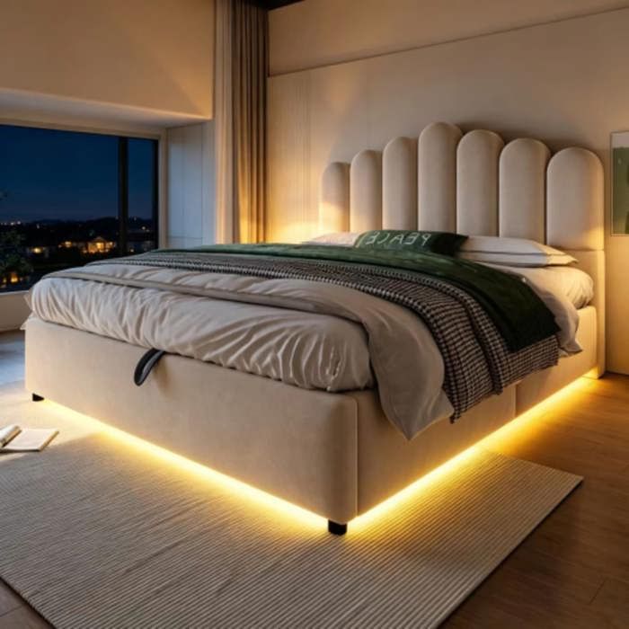 Lit coffre rembourré 140x200 cm beige en velours avec rangement hydraulique LED intégrée et tête de lit capitonnée confortable
