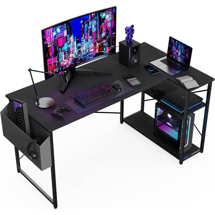 Bureau d’angle noir -  - 100 x 70 cm - Hauteur 75 cm - Étagères de rangement réversibles