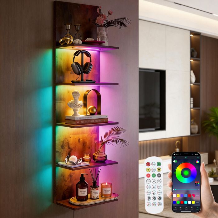 RGB Étagère Murale Flottante Aspect Bois 5 Niveaux Effet Dynamique APP Télécommande Montage Invisible Salon Chambre Salle de Bain