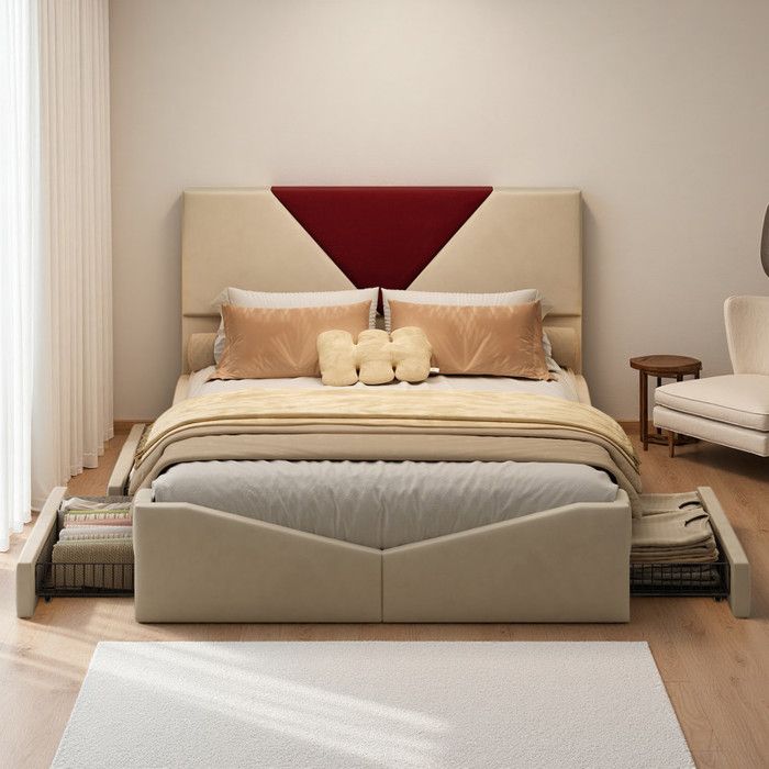 Lit Double 140x190 Coffre à 4 Tiroirs Velours Blanc Cassé Tête Triangle Bordeaux Design Bicolore Luxe Moderne Sommier FSC 250kg