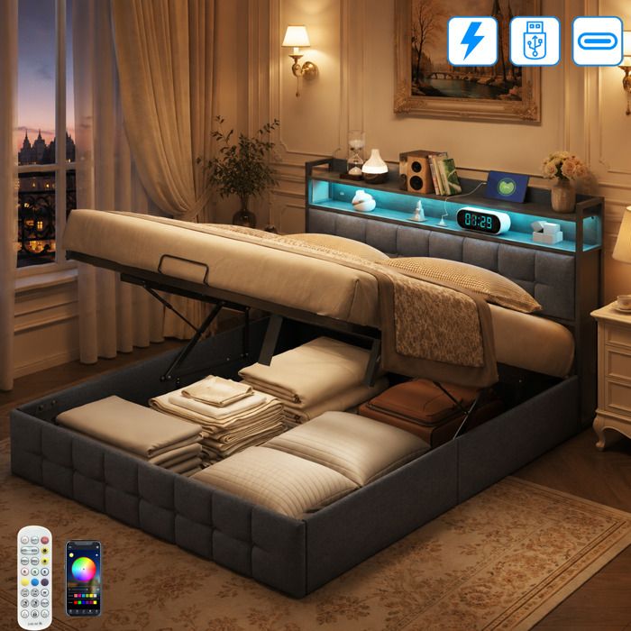 Lit coffre 140x190 en Lin avec sommier - Tête de lit étagère LED et port USB Type-C - Rangement de chevet - Dossier rembourré - Gris