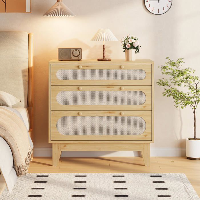 KOIOPLIE Commode dentrée bohème en rotin 3 grands tiroirs meuble rangement bois finition noyer table dappoint/chevet - Naturel