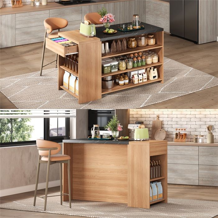 Meuble de cuisine 140x60x90 cm Noir Beige MDF avec rangement et zone bar