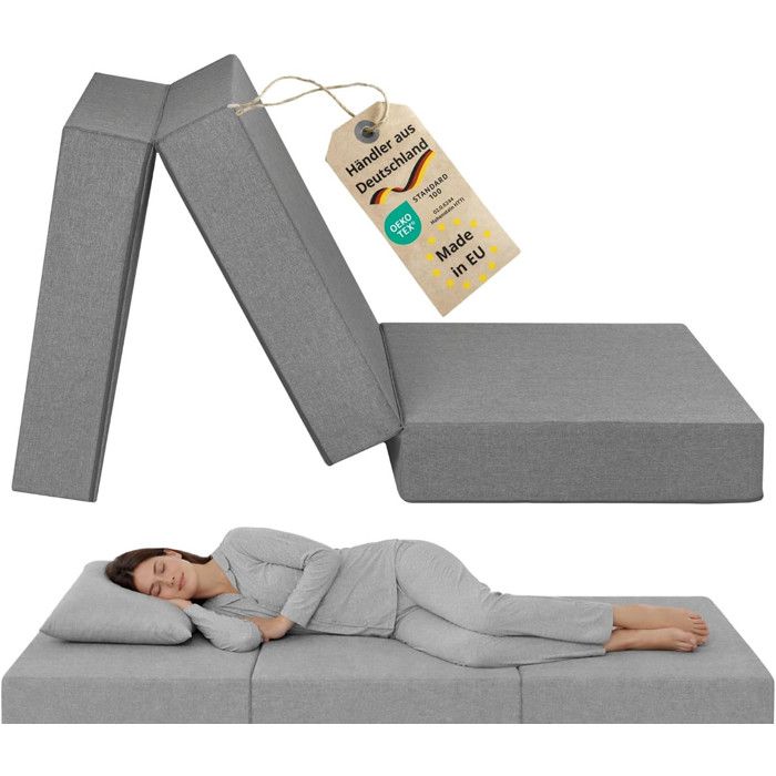 sleepling Matelas pliant 3 parties 65x196x15 5 cm mousse confort housse lavable gris OEKO-TEX fabriqué dans l’UE