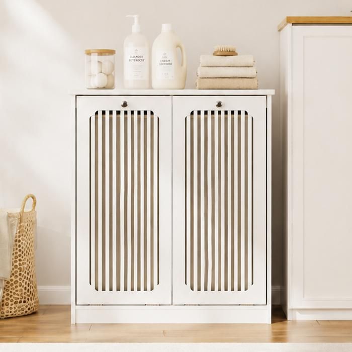 Armoire de salle de bain - ZEVKOR - 66×35×76 cm - 2 compartiments tissu - Front à lamelles - Blanc