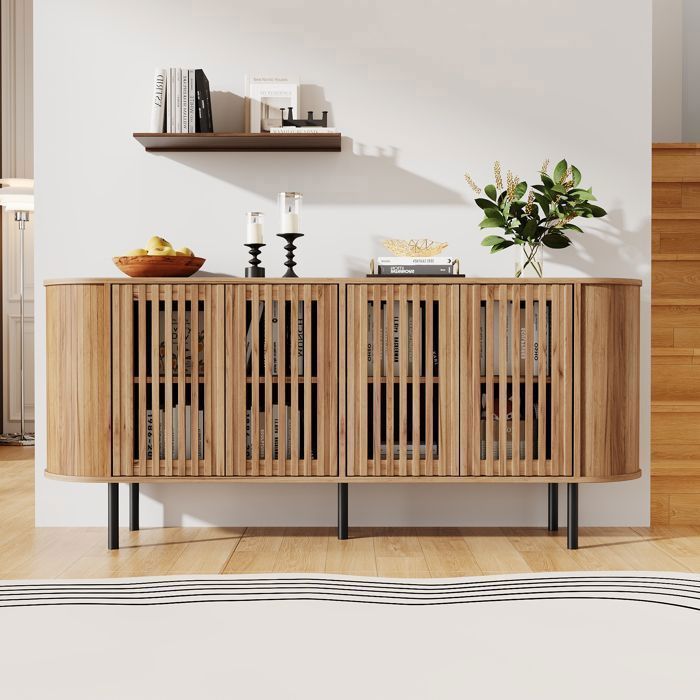 Buffet Bas de Salon - Merax Enfilade - 160 x 40 x 70 cm - avec 4 Portes Étagères Réglables Pieds Métal - Effet Bois Naturel
