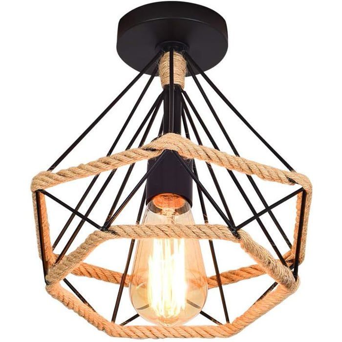 Plafonnier Rétro Vintage Industriel en Métal Cage en Forme de Diamant Corde de Chanvre Ø 25 cm pour Salon et Chambre