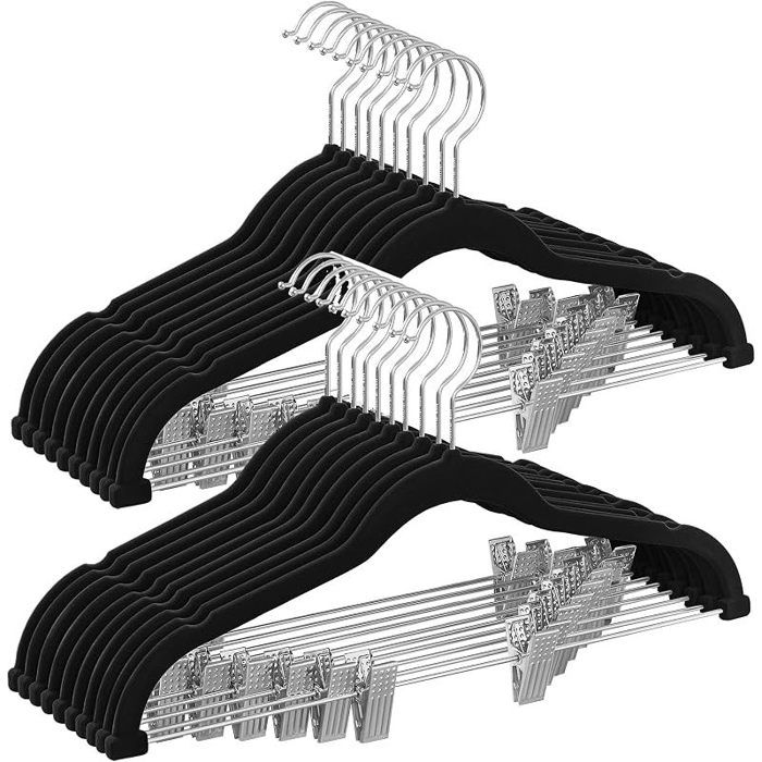Cintres pour Pantalons Lot de 20 en Velours Longueur 42 5 cm avec Pinces Réglables Antiglisse Gain de Place pour Pantalons