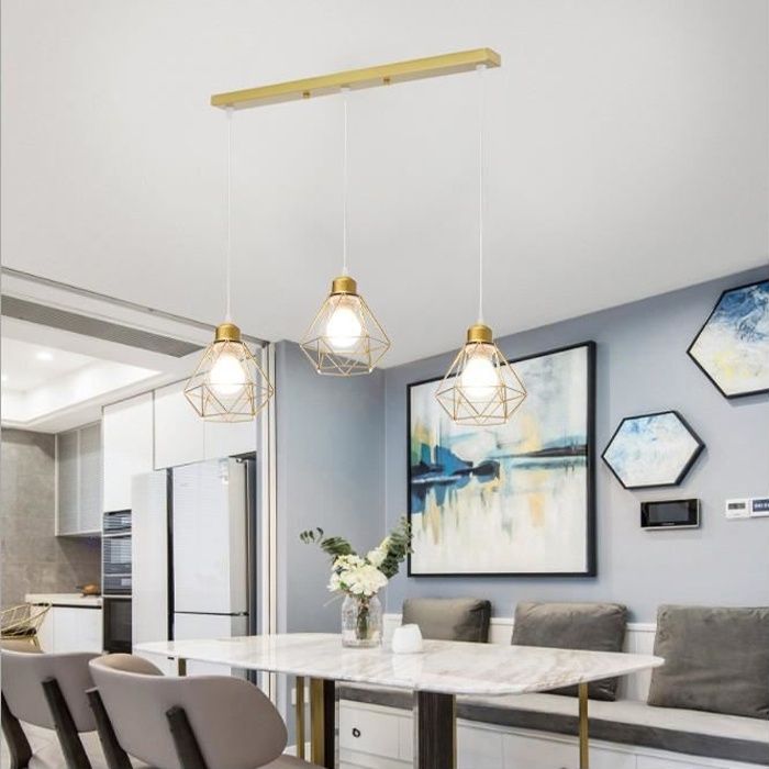 Fusion Lustre en Fer 3 Lampes Suspension Luminaire Réglable Lampe Longue Pôle Doré décoration Café Salon Cuisine