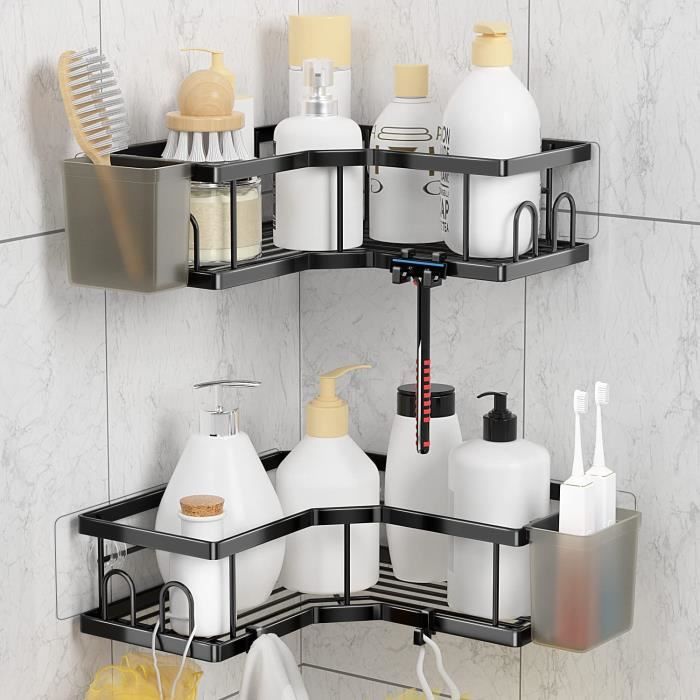 2 étagères De Douche Sans Perçage – Métal Noir – Rangement Salle De Bain Design