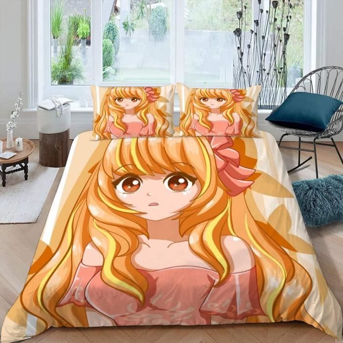 Housse De Couette Manga Fille 200x200 Cm - Microfibre Brossée - 2 Taies D'oreiller 65x65 - Fermeture éclair