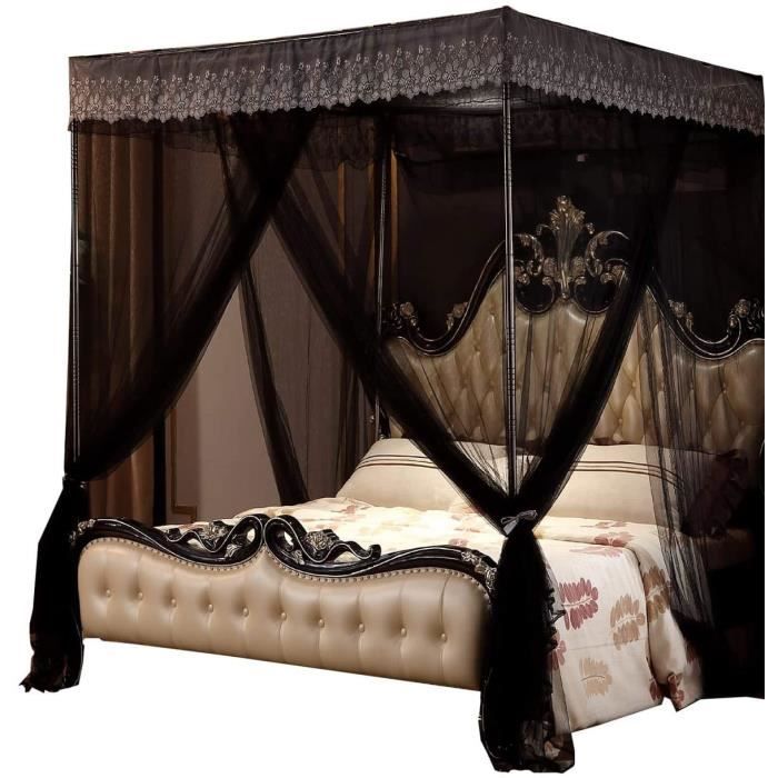 moustiquaire pour décoration de chambre denfant Ciel de lit de princesse petit double, noir 4 ouvertures rideaux à 4 coins pour lit de filles