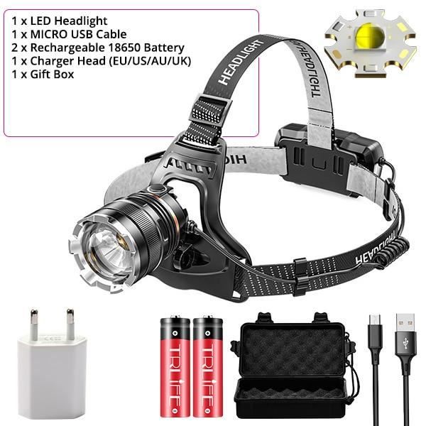 Lampe Frontale Rechargeable LED,Torche Frontale IP64 Étanche Zoomable 3