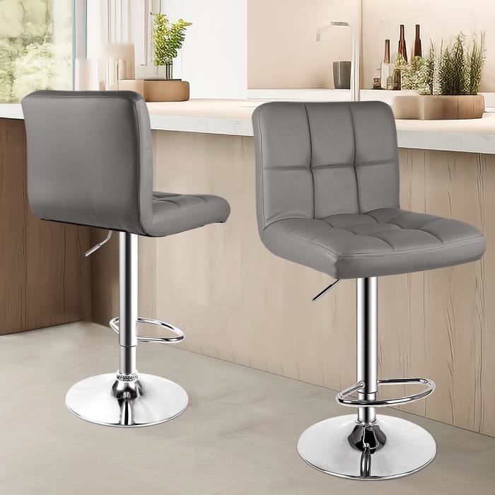 Ensemble de 2 tabouret de bar Chaise de bar en cuir PU Hauteur réglable 85-115cm Tabouret pivotant. avec dossier Gris