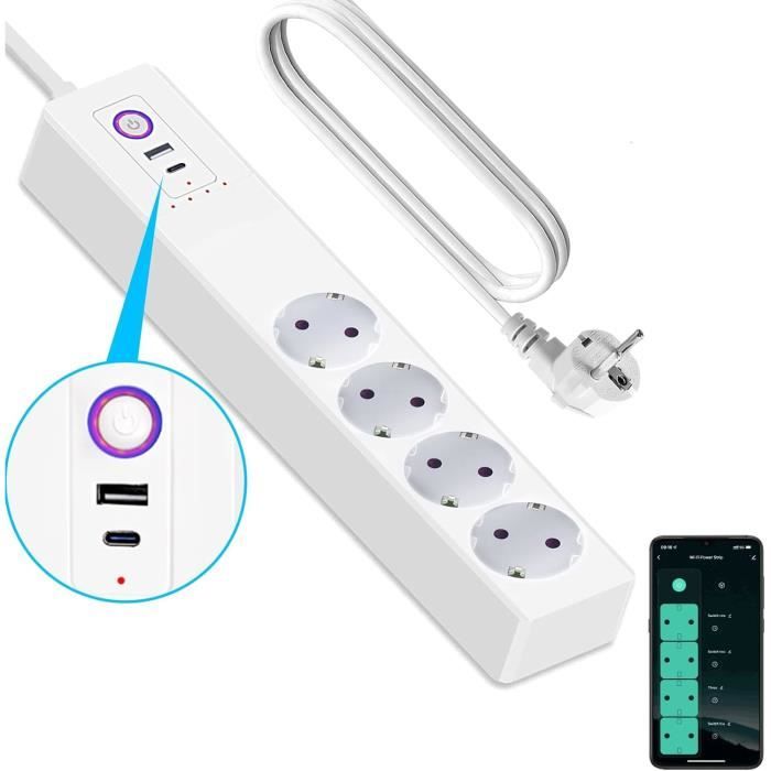 Multiprise Connectée WiFi 16A ANTELA - 4 Prises + 2 USB + 2 Type-C 20W, Compatible Alexa Google, 2m
