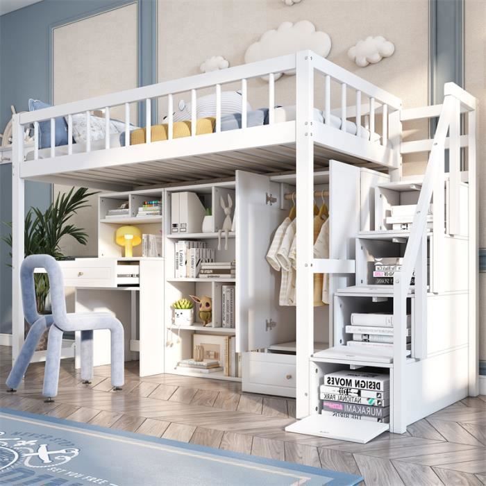 Lit mezzanine - DREAMMESPACE - 90x200cm - Bois massif - Bureau intégré ...