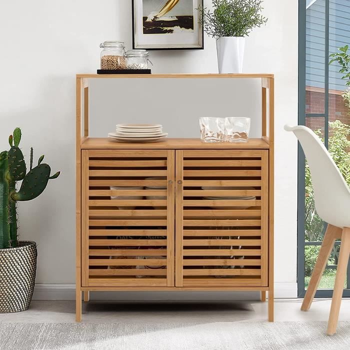GIANTEX Meuble de Salle de Bain en Bambou avec 2 Portes et Étagère Amovible Armoire de Rangement à 4 Étages 64x 27 5x 80CM Naturel