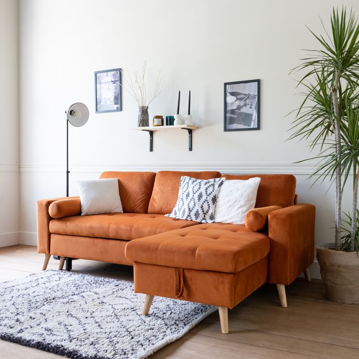 Canapé dangle convertible JAMES 3 places en velours terracotta