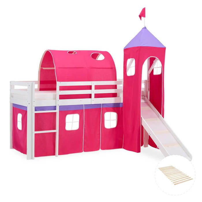 Lit mezzanine pour enfants 90 x 200 cm blanc avec rideau rose Tunnel Tour Toboggan Avec sommier à lattes Lit mezzanine pour enfants 90 x 200 cm blanc avec rideau rose Tunnel Tour Toboggan Avec sommier à lattes
