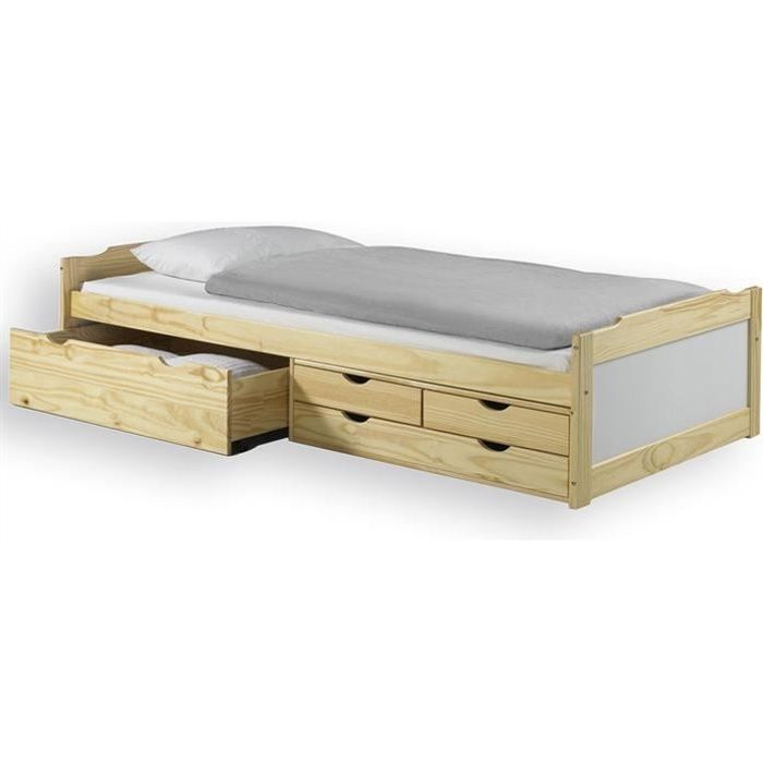 Lit fonctionnel rangements 90x200cm naturel blanc Lit fonctionnel rangements 90x200cm naturel blanc